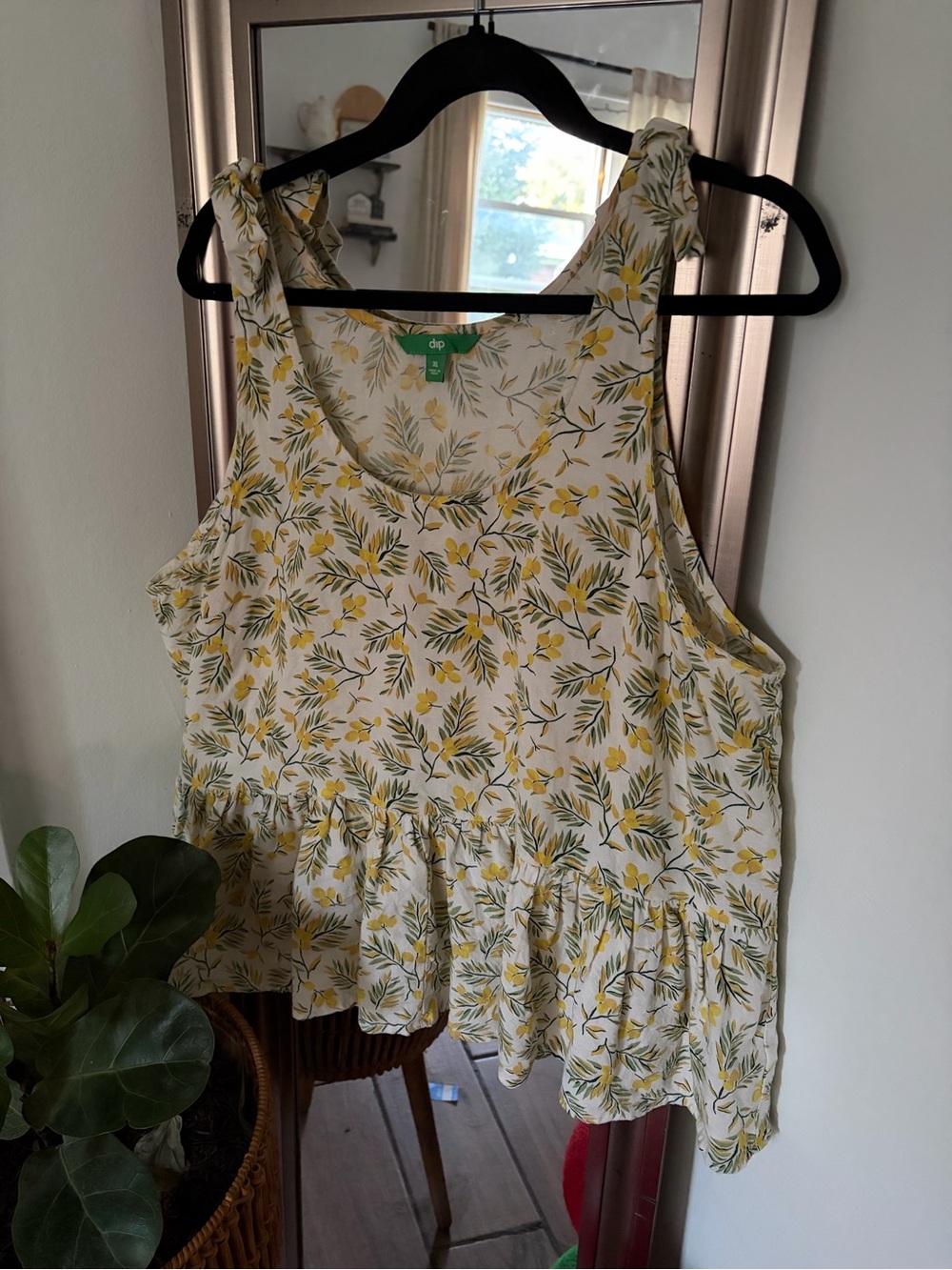 dip Yellow and Green Leaf Print Ruffle Tank